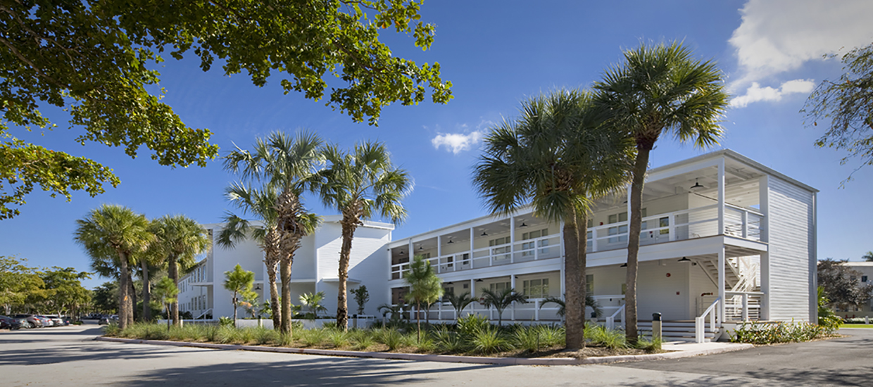 A photo of the front area of the historic Campo Sano buidling at the University of Miami Coral Gables campus.