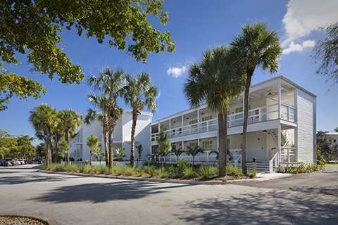 A photo of the front area of the historic Campo Sano buidling at the University of Miami Coral Gables campus.