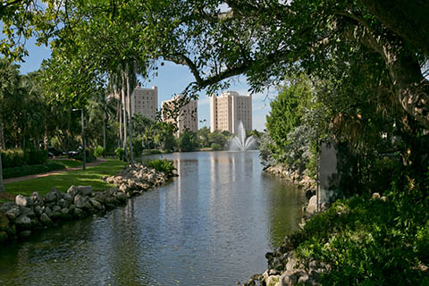 A photo of the Hecht & Stanford dormitory at the University of Miami Coral Gables campus.