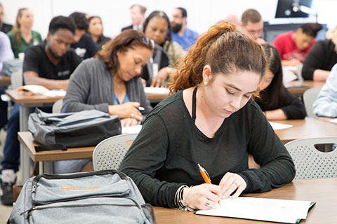 A photo of a student in a classroom at the University of Miami.