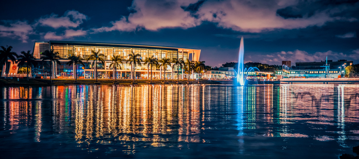 A photo of the Shalala Student Center at night on the University of Miami Coral Gables campus.