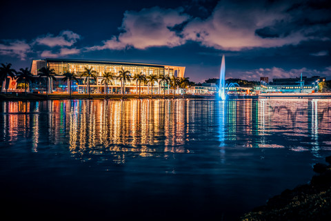 A photo of the Shalala Student Center at night on the University of Miami Coral Gables campus.